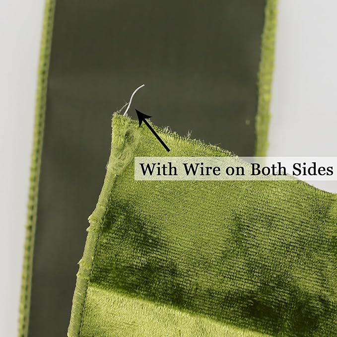 MEEDEE Moss Green Velvet Wired Ribbon 2.5 Inch - 10 Yards Crushed Velvet Christmas Ribbon for Tree Decoration, Wreath Supplies, Crafts Bow Making