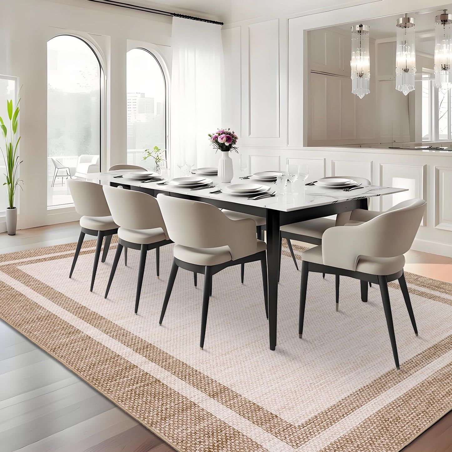 GarveeHome Living Room Area Rug 8x10 Washable Rugs Modern Solid Border Throw Carpet with Rubber Backing Low Pile Stain Resistant Dining Room Rug Contemporary Bordered Carpet for Home Office,Beige