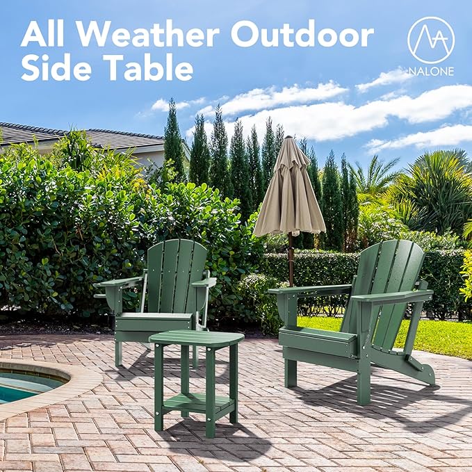 nalone Adirondack Side Table 16.5" Outdoor Side Table HDPE Plastic Double Adirondack End Table Small Table for Patio (Green)
