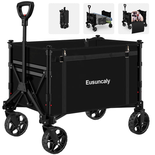 Eusuncaly Collapsible Wagon with Wheels, Wagons Carts Foldable, Heavy Duty Folding Utility Cart for Grocery, Camping, Shopping, Sports, Garden, Fishing, Black