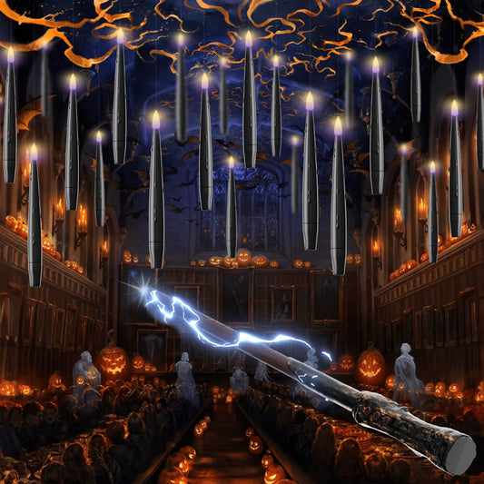 JOIONE Floating Candles with Wand, 12 Pack Flameless Candles Magic Hanging Taper Candles with Wand Remote, Battery Operated Candles for Halloween Christmas Birthday Party Decor Black