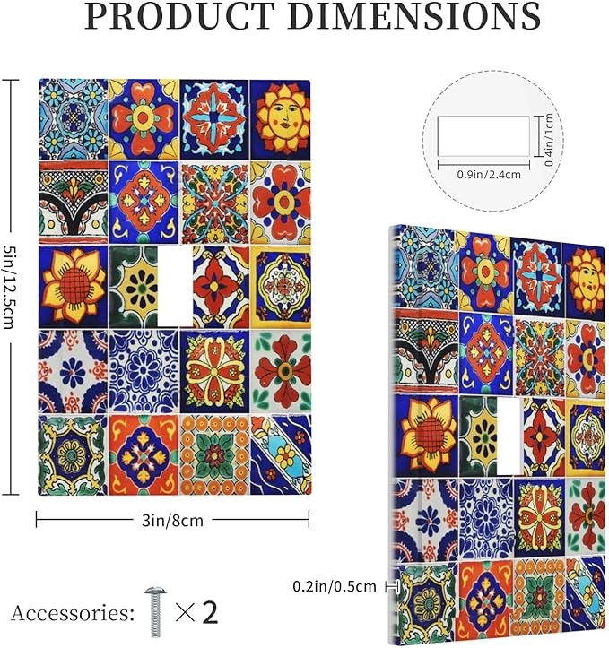 Traditional Colorful Talavera Mexican Spanish Moroccan Tiles Single Toggle Light Switch Plates Cover Decorative 1 Gang Wall Plate Electrica Faceplate for Bathroom Bedroom Decorate Accessories