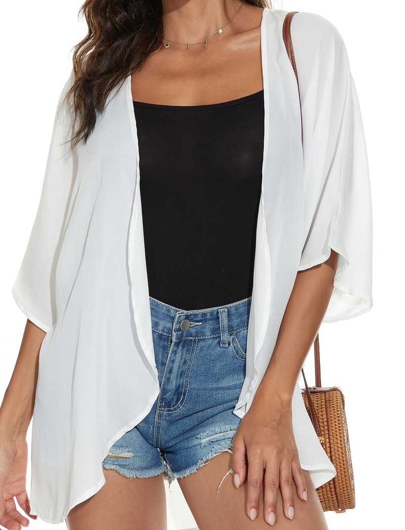 Women Summer Tops Kimono Cardigans Sheer Beach Cover Ups Chiffon Open Front Shirts （White,L)