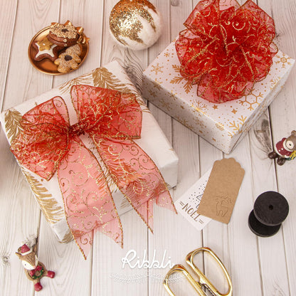 Ribbli Swirl Glitter Wired Ribbon, Red Organza Sheer with Gold Glitter Swirl Pattern and Gold Metallic Edge,2-1/2Inch x 10Yards Christmas Ribbon for Tree Decoration
