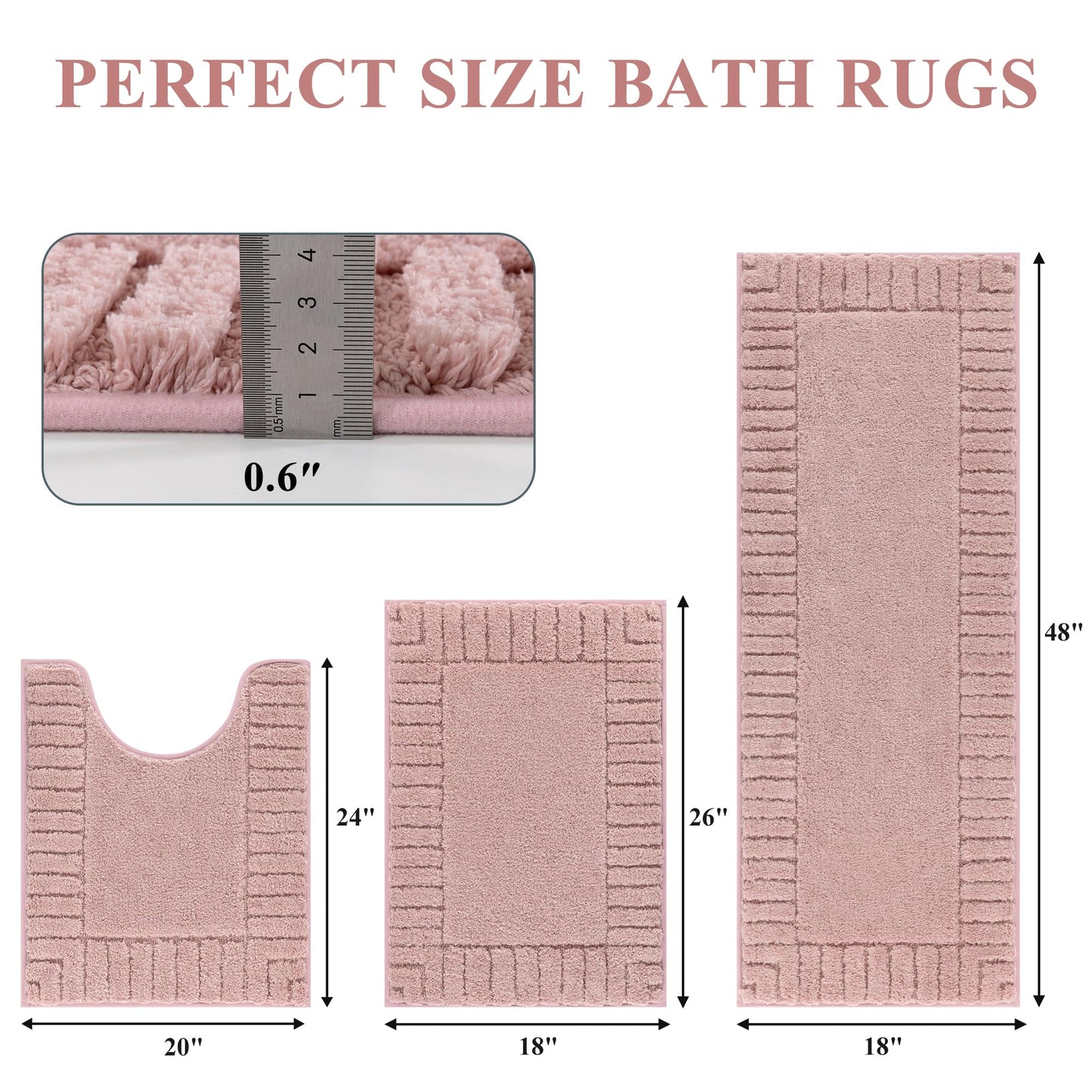 Pauwer Bathroom Rugs Sets 3 Piece Bathroom Shower Rugs with U-Shaped Contour Toilet Mat Absorbent Microfiber Plush Bath Mats Non Slip Bath Rug Machine Washable Shaggy Bath Mat Set, Dusty Pink