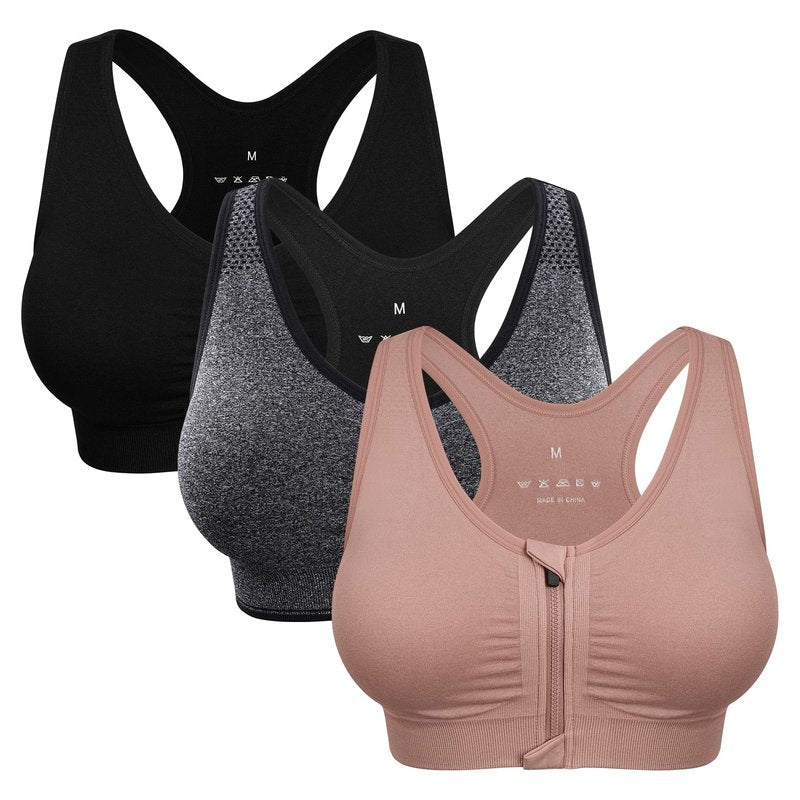 Women's Zip Front Sports Bra - Wireless, Post-Surgery, Padded, Racerback, Active, Yoga, Bust Reduction (X-Large, 3 Pack (Black+Grey+Bean Paste))