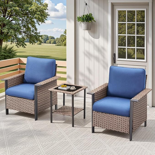 3 Pieces Wicker Patio Furniture Set-Outdoor Patio Chairs Set of 2 with Outdoor Side Table, Patio Furniture Set with Deep Seating Chairs for Porch Deck Balcony Garden Brown/Blue