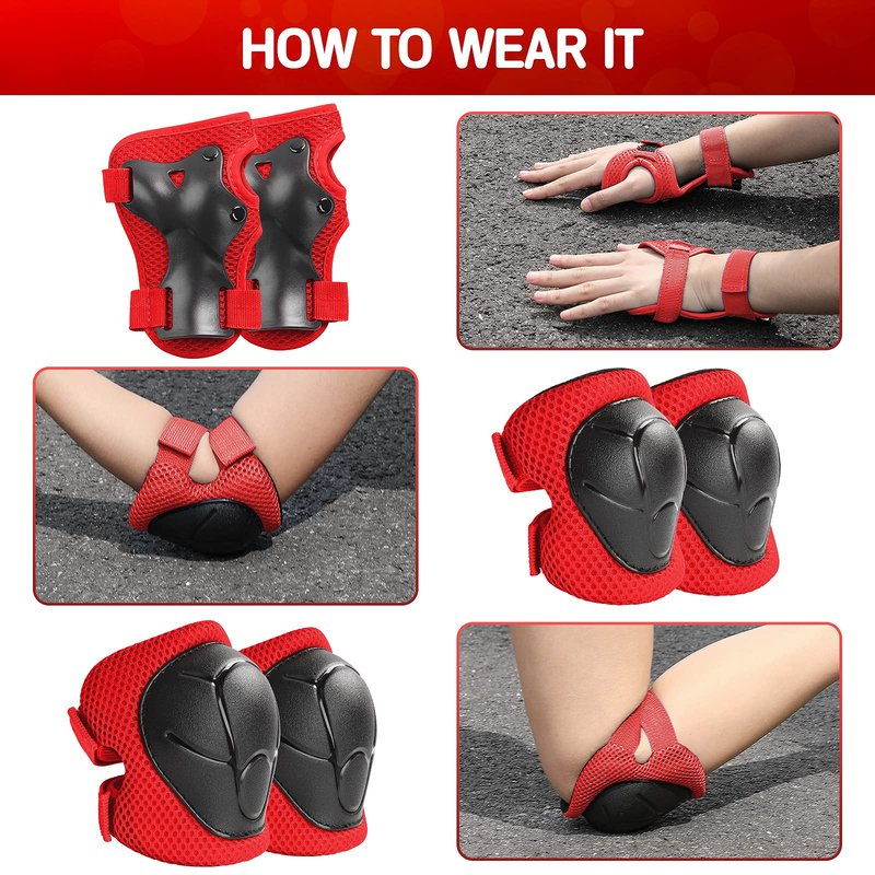 Wemfg Kids Protective Gear Set Knee Pads for Kids 7-13 Years Toddler Knee and Elbow Pads with Wrist Guards 3 in 1 for Skating Cycling Bike Rollerblading Scooter(Red)