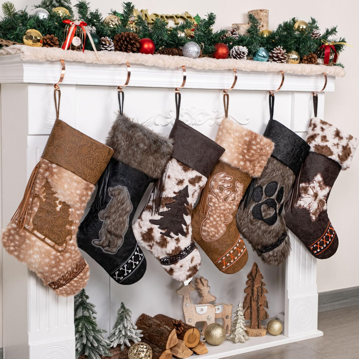 LUBOT 2025 Christmas Stockings Set of 6, Western Cowboy 20" Rustic Farmhouse Fireplace Hanging Décor Neutral Embossed Leather & Plush Faux Fur with Tassel Accents Large Family Xmas Stockings