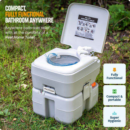 Alpcour Portable Toilet – Compact Indoor & Outdoor Commode w/Travel Bag for Camping, RV, Boat – Piston Pump Flush, 5.3 Gallon Waste Tank, Built-In Pour Spout & Washing Sprayer for Easy Cleaning