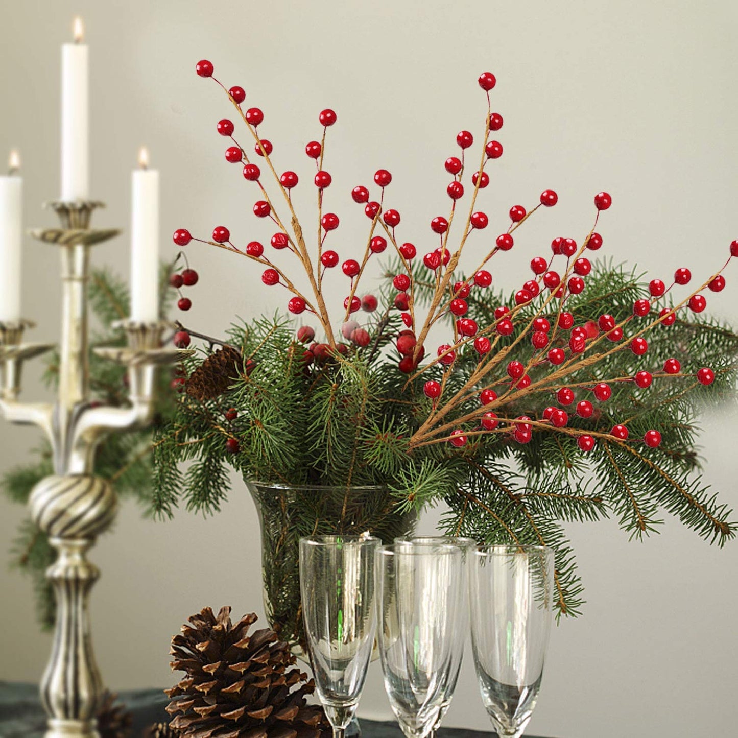 DR.DUDU 12 Red Holly Berry Stem Picks - Decorative Wire Stem Branch Sprays for Christmas Tree Decoration, Holiday Decor, Silk Flower Arrangements, Home DIY Crafts