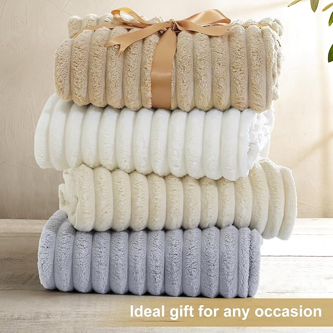 decorUhome Soft Fleece Light Grey Blanket King Size for Bed, Cozy Fluffy Plush Flannel Large Striped Throws for Couch Sofa, Lightweight Decorative Fuzzy Blanket for Woman, 108x90 Inches