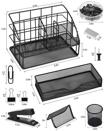 AOFUXTI Office Supplies Desk Organizer - Desk Organizers and Accessories, Supplies Set with Pen Holder, Stapler and 72 Clips Set for Office, Home, School, Black