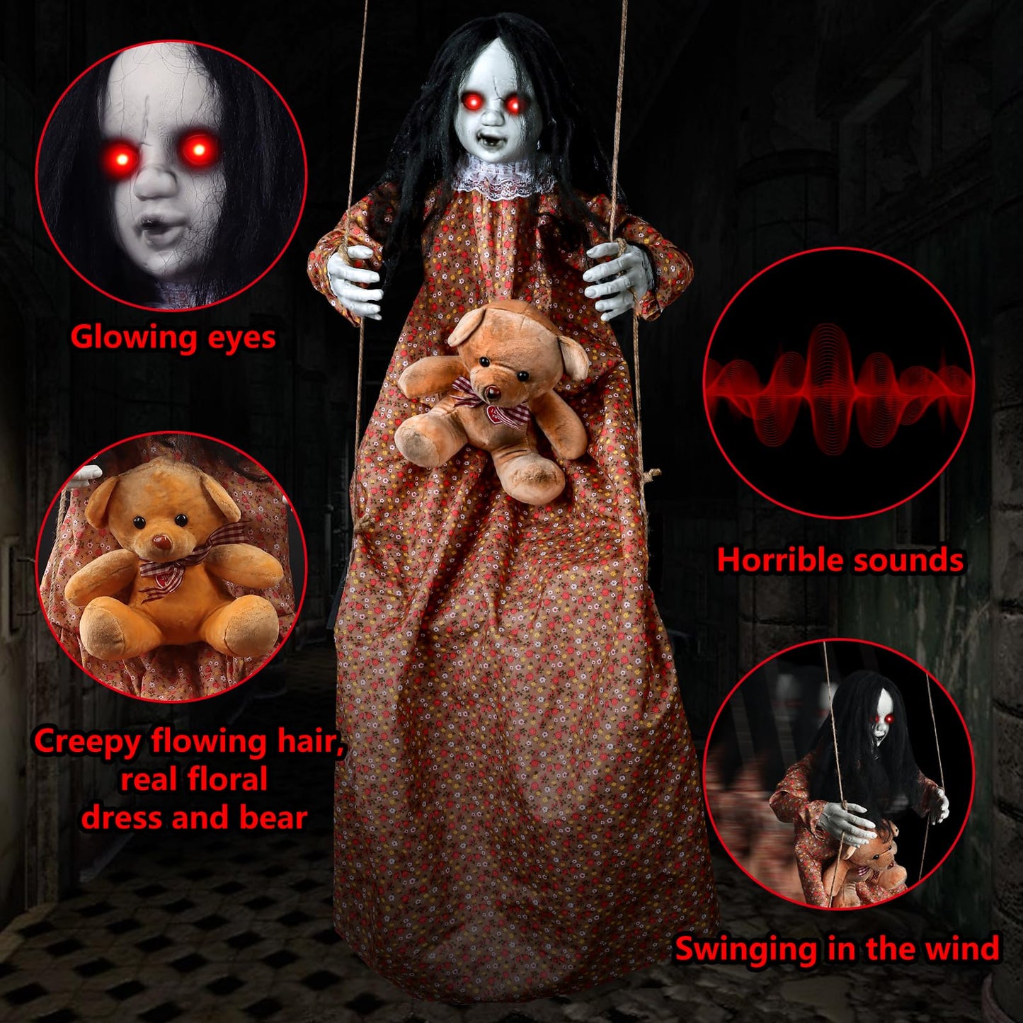 3.75 Ft Halloween Decorations Animatronics Hanging Swinging Girl with Creepy Sound/Light Up Eyes/Scary Expression, Creepy Doll Hanging Ghosts Haunted House Holiday Decor Prop for Indoor Outdoor