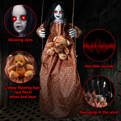 3.75 Ft Halloween Decorations Animatronics Hanging Swinging Girl with Creepy Sound/Light Up Eyes/Scary Expression, Creepy Doll Hanging Ghosts Haunted House Holiday Decor Prop for Indoor Outdoor