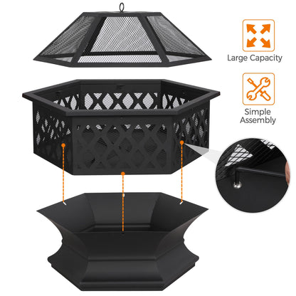 Yaheetech Fire Pit Heavy Duty Fire Bowl Large Fire Pit with Mesh Poker for Outside Patio Heater/Camping Bonfire/Garden/Backyard/Poolside, Hexagon Shaped, Black