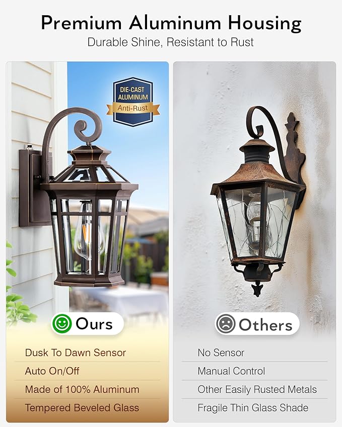 Outdoor Wall Lights Wall Mount, Exterior Lighting Fixtures Dusk to Dawn, Oil Rubbed Bronze Front Porch Lights, Outdoor Wall Lantern with Tempered Glass, Anti-Rust Garage Sconce Lights, Patio