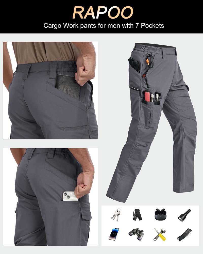 Rapoo Work Pants for Men Cargo Hiking Tactical Army Casual Pants for Men with Multi Pockets Water Resistant Mens Ripstop Construction Carpenter Pants Grey 32Wx32L