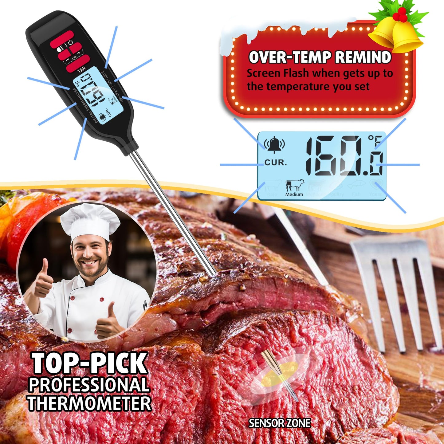 Antonki Meat Thermometer Digital, Smart Instant Read Food Thermometer with Super Long Probe for Cooking Grilling Baking Kitchen Candy BBQ Oil Liquid, Backlit Display, Battery Included