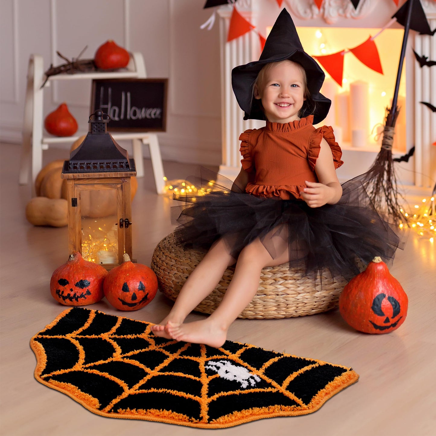 TRUEDAYS Halloween Decor Spider Web Bath Mat for Bathroom, Cute Orange Halloween Decoration Black Half Circle Bath Mat Non Slip Cartoon Shaped Bath Rug Bathroom Mat Plush Shower Rugs Washable