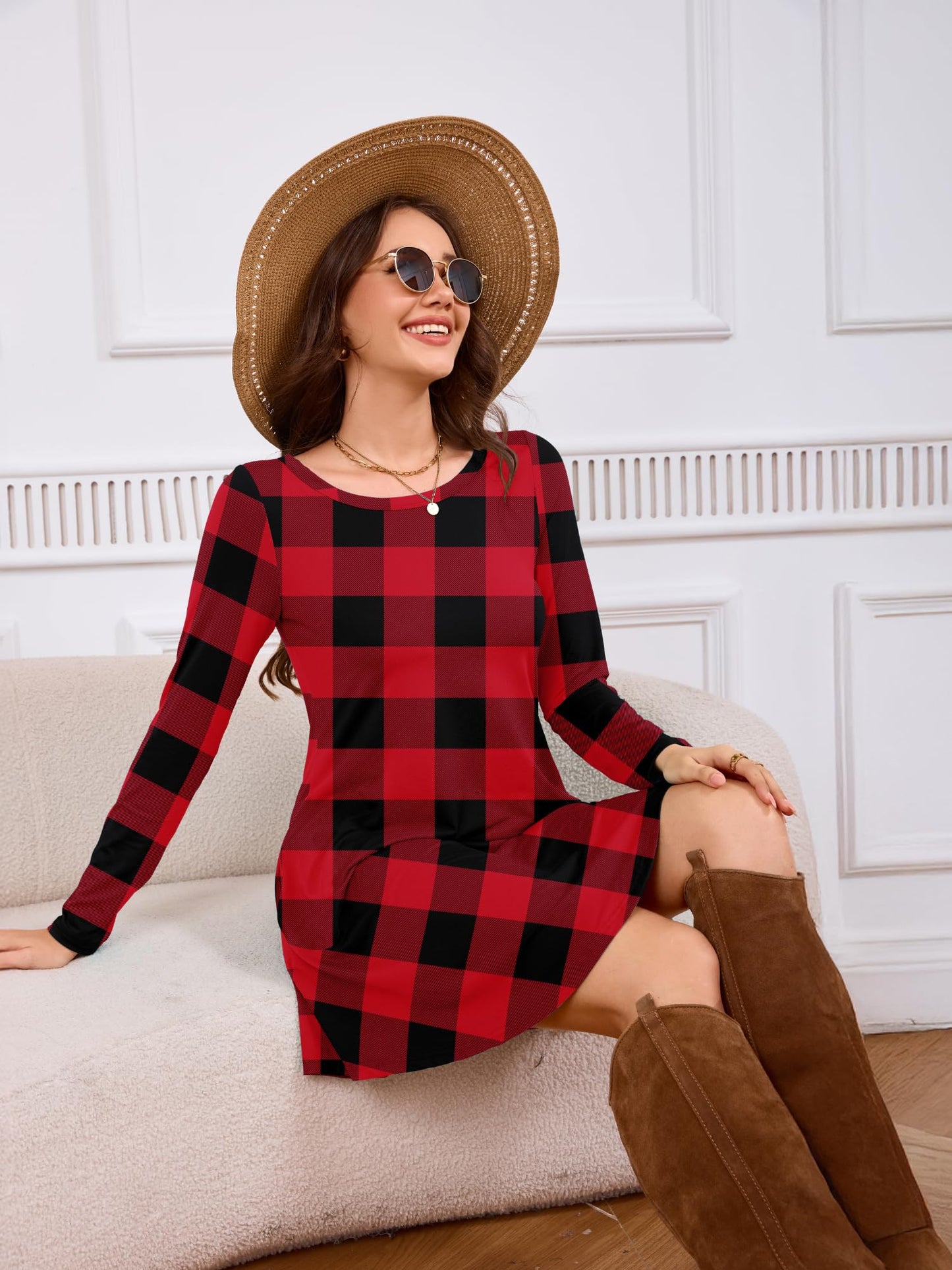 DEARCASE Women's Long Sleeve T Shirt Dress Red Grid Medium Crewneck Knee Length Loose Casual Flowy Christmas Dresses with Pockets