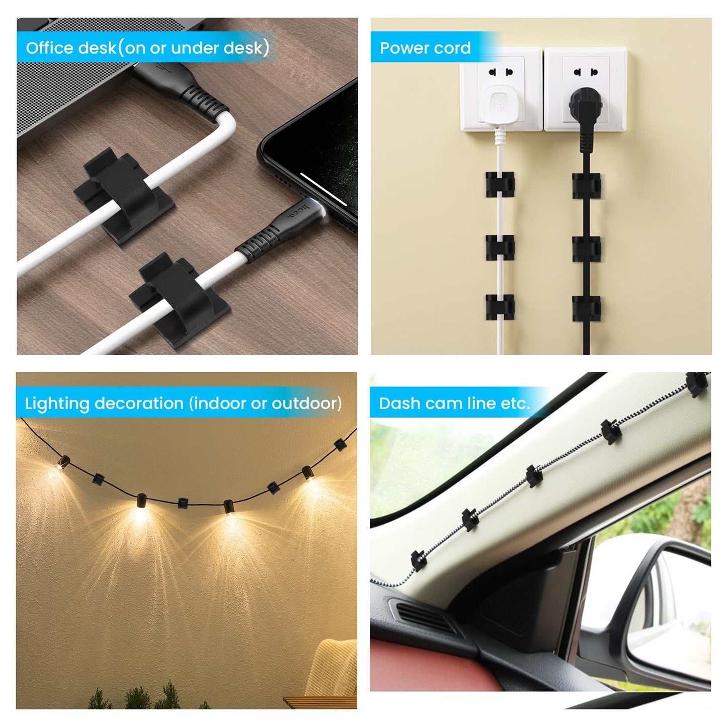 30 Pcs Small Black Adhesive Cable Clips for Cord Management Under Desk Nightstand Phone PC Charger Plug Speaker TV Cord Holder Keeper Hook Wall Wire Organizer Car Dash Cam Ethernet Christmas Light