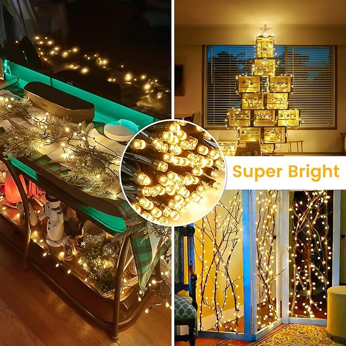 BHCLIGHT Extra-Long Connectable 99FT 240LED Christmas String Lights Outdoor/Indoor, Timer & Memory & 8 Modes, Warm White String Lights Waterproof Green Wire Tree Lights for Xmas Holiday Yard Party