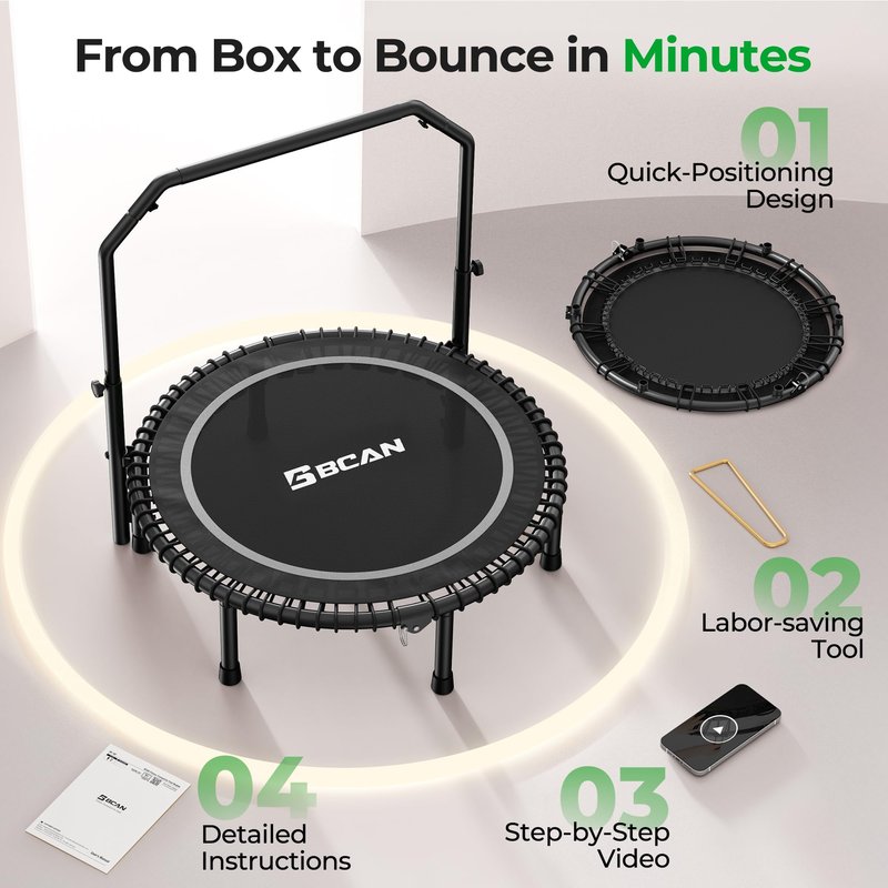 BCAN BT2 450/550LBS Mini Rebounder Trampoline for Adults with Bar, Fitness Trampoline with Bungees, Adjustable Handle, Stable & Quiet, Indoor Outdoor, Whole-Body Workout & Relaxation at Home-40IN-SLV