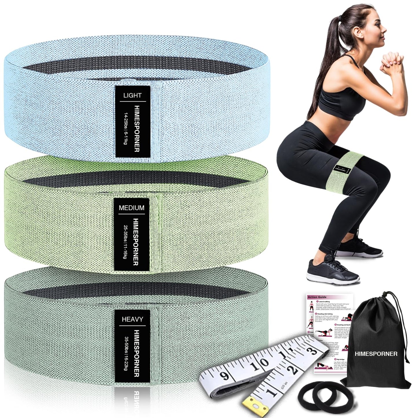 HIMESPORNER Wide Fabric Resistance Bands for Working Out, 3 Level Non-Slip Exercise Booty Bands for Women & Men Leg and Glutes with Hair Ties and Tape Measure - for Home Gym Workout, Yoga, Pilates
