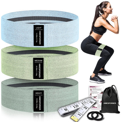 Wide Fabric Resistance Bands for Working Out, 3 Level Non-Slip Exercise Booty Bands for Women & Men Leg and Glutes with Hair Ties and Tape Measure - for Home Gym Workout, Yoga, Pilates