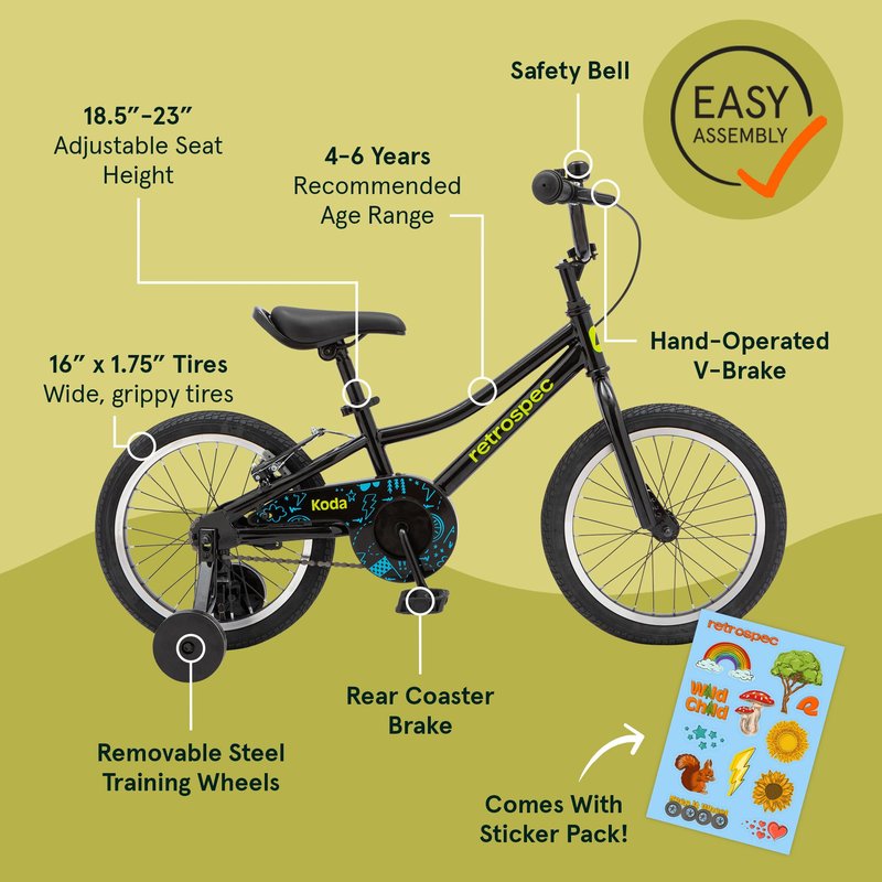 Retrospec Koda Plus Kids Bike for Boys & Girls Ages 4-6 Years - 16" Children's Bicycle, Adjustable Seat & Handlebars, Removable Training Wheels, Front Hand Brakes, Rear Coaster Brake & Safety Bell