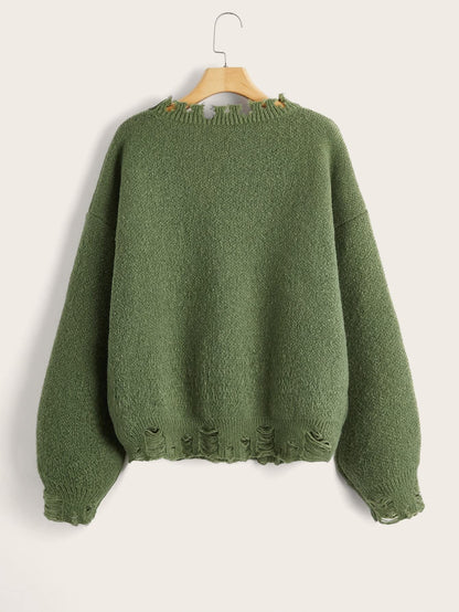 SHENHE Women's Oversized Skeleton Pattern Ripped Round Neck Sweater Pullover Green M