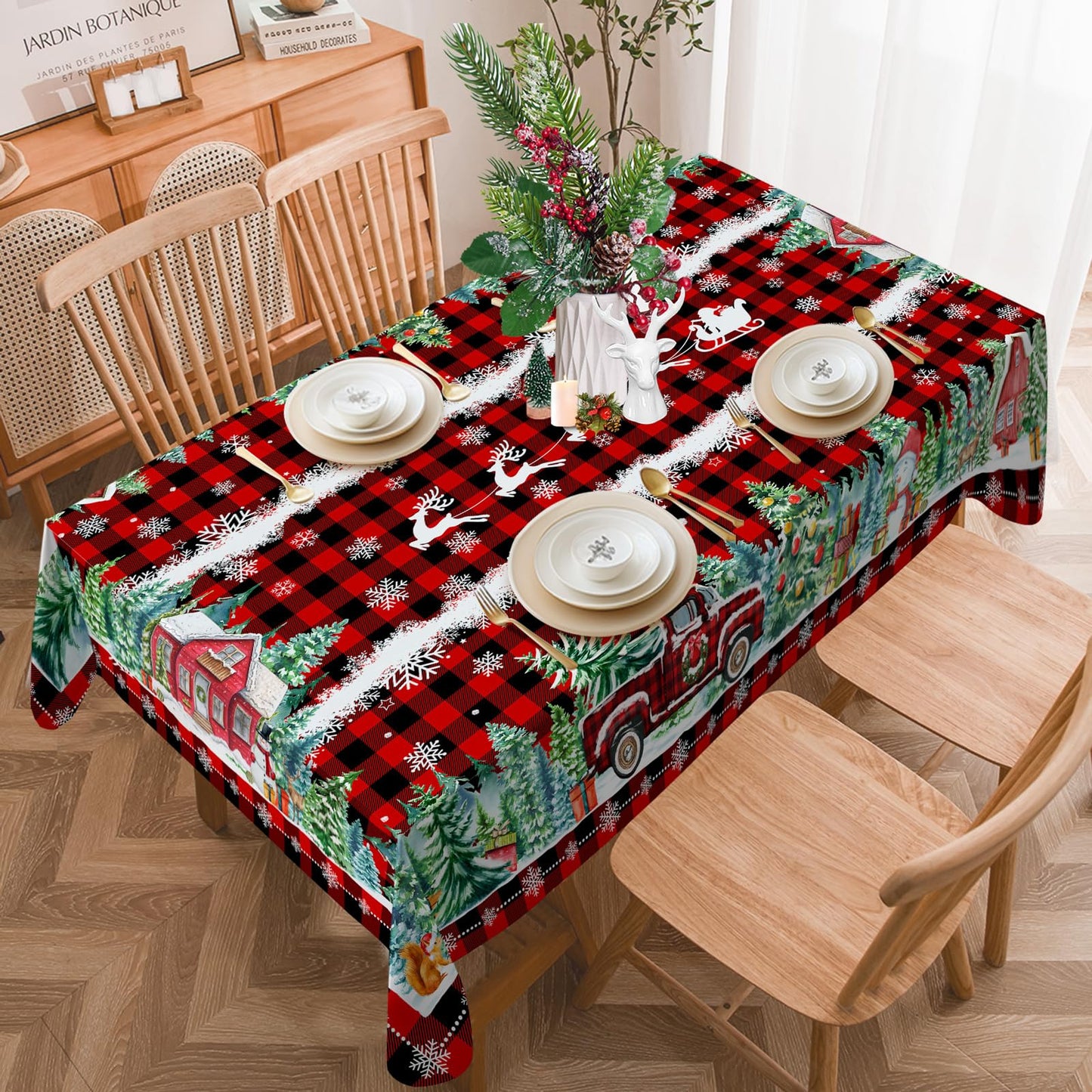 cusugbaso Christmas Tablecloth 60x120 Inches - Red Truck Party Decorations for Home - Christmas Table Cloth for Rectangle Table Xmas Holiday Buffalo Plaid Xmas Decor for Kitchen, Home
