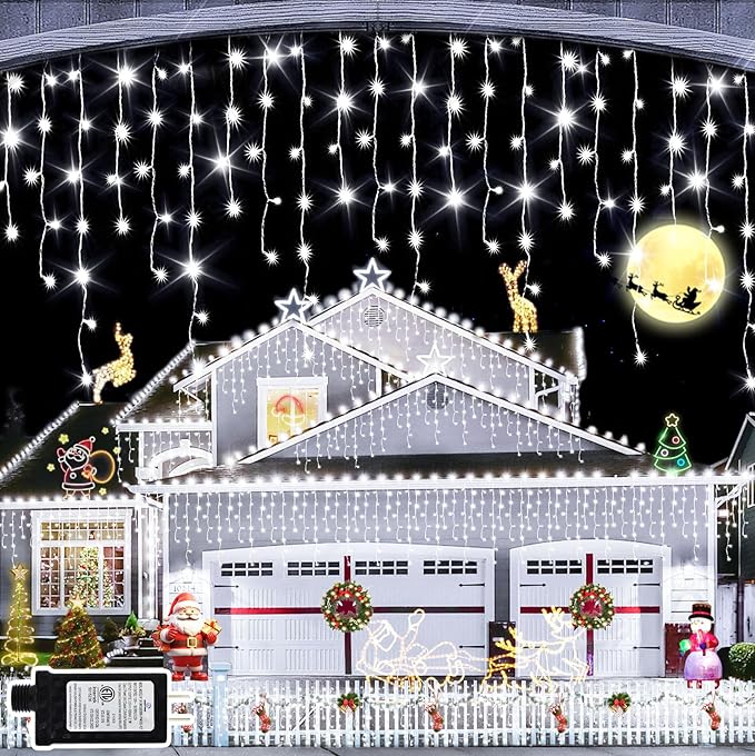 JXLEDAYY Christmas Lights Super Long 1280 LED 131 FT LED String Lights with 240 Drops Plug in 8 Modes Christmas Decoration for Holiday Wedding Party Bedroom Garden Patio Outdoor Indoor (Cool White)