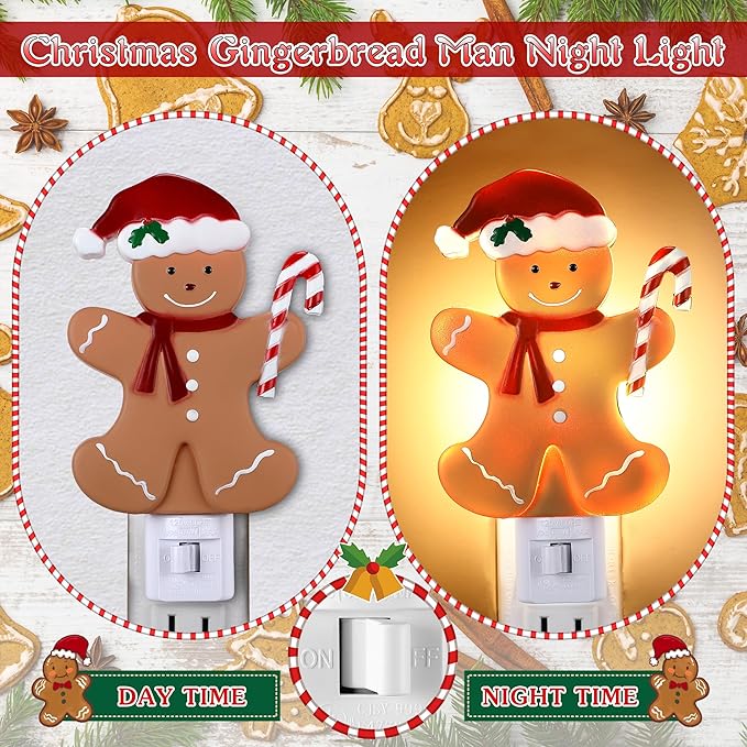 Christmas Decoration Gingerbread Man Night Light Plug in, 120V C7 LED Xmas Wall Plugin Nightlights, Christmas Night Light Decor for Bedroom Bathroom Kitchen Hallway Stairs