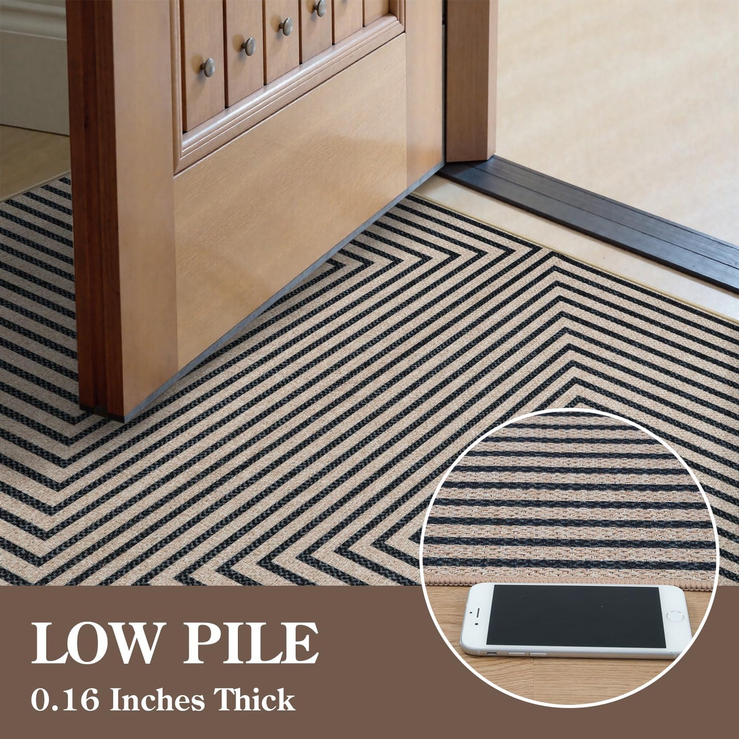Collive 3x5 Easy Jute Outdoor Entryway Rug, Washable Modern Geometric Indoor Carpet Black Neutral Small Area Rugs, Non Slip Woven Kitchen Mats for Entrance Bedroom Kids Room Patio Decor
