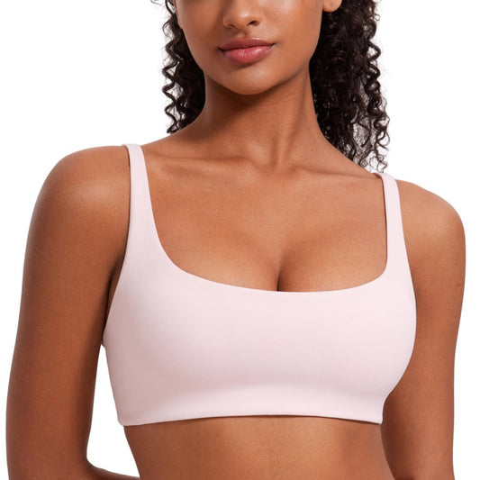 CRZ YOGA Butterluxe Square Neck Spaghetti Strap Sports Bras for Women - Low Coverage Yoga Wireless Padded Cami Crop Top Strawberry Pink Medium