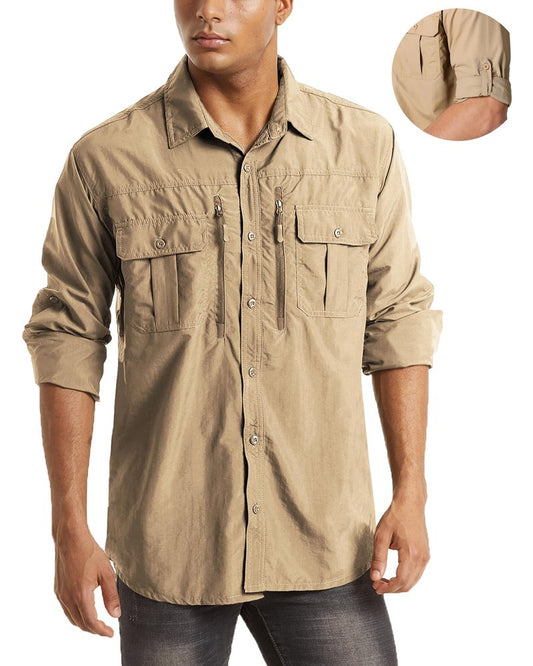MAGCOMSEN UV Shirts for Men Long Sleeve Fishing Shirts Button Up Work Shirts for Men Hiking Shirts Quick Dry Tactical Shirts Khaki L