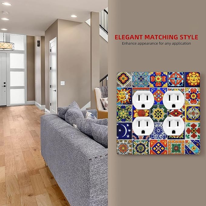 Decorative Light Switch Cover Plate Traditional Colorful Talavera Mexican Spanish Moroccan Tiles 2 Gang Socket Covers Double Duplex Wallplates Switch Plates and Outlet Covers for Kitchen Bathroom