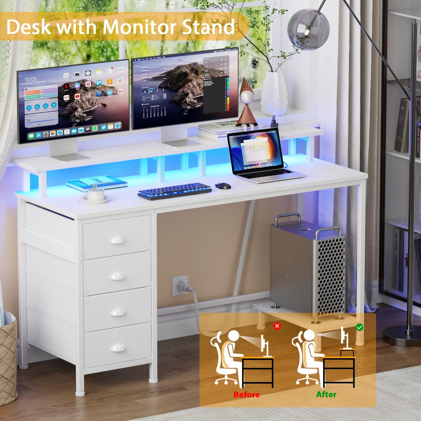 Furologee 47 Inch Computer Desk Gaming with 4 Fabric Drawers with Power Outlets and LED Lights for Home Office with Full Monitor Stand and Shelf Study Table for Small Spaces White