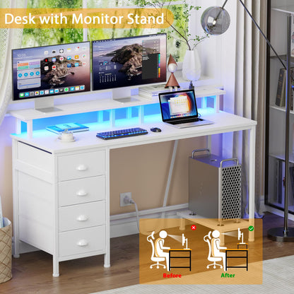 Furologee 47 Inch Computer Desk Gaming with 4 Fabric Drawers with Power Outlets and LED Lights for Home Office with Full Monitor Stand and Shelf Study Table for Small Spaces White