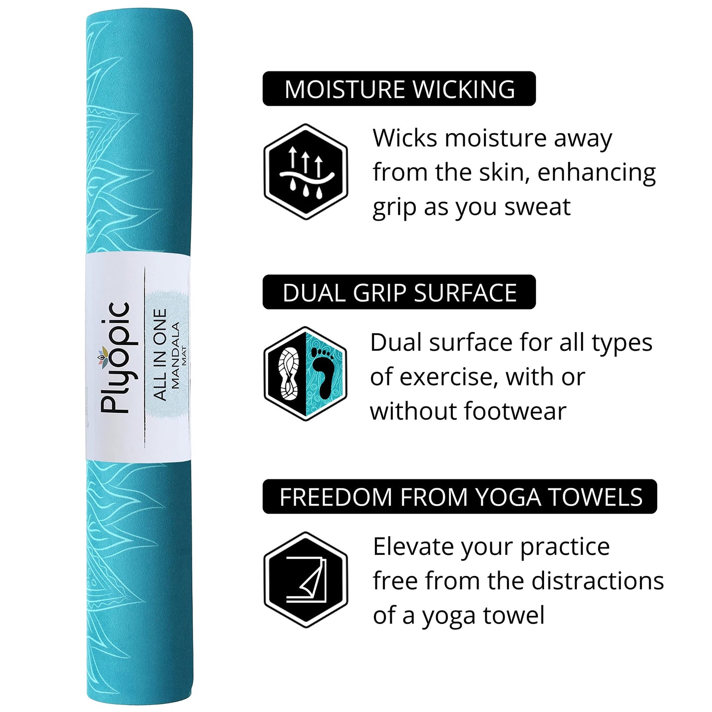 Plyopic. All In One Yoga Mat | Luxury Sweat-Grip Mat/Towel Combo | Ideal for Yoga, Hot Yoga, Bikram, Pilates, Workout & Exercise | Eco-Friendly Natural Rubber