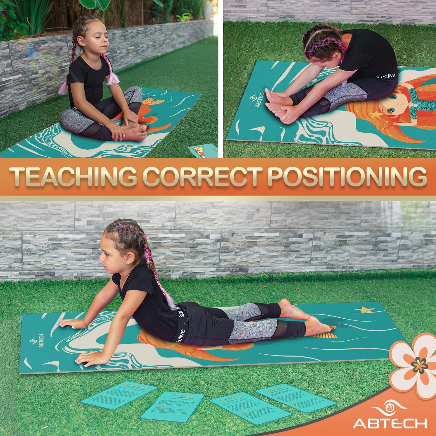 Abtech Yoga Mat for Kids - Mermaid Design for Girls - Comfortable, Chemical Free, Non-Toxic, Non-Slip Mat - 60 x 24 x 0.2 In. w/ 12 Yoga Cards for Kids - Cute Carrier Bag - Blue, Age 3-12
