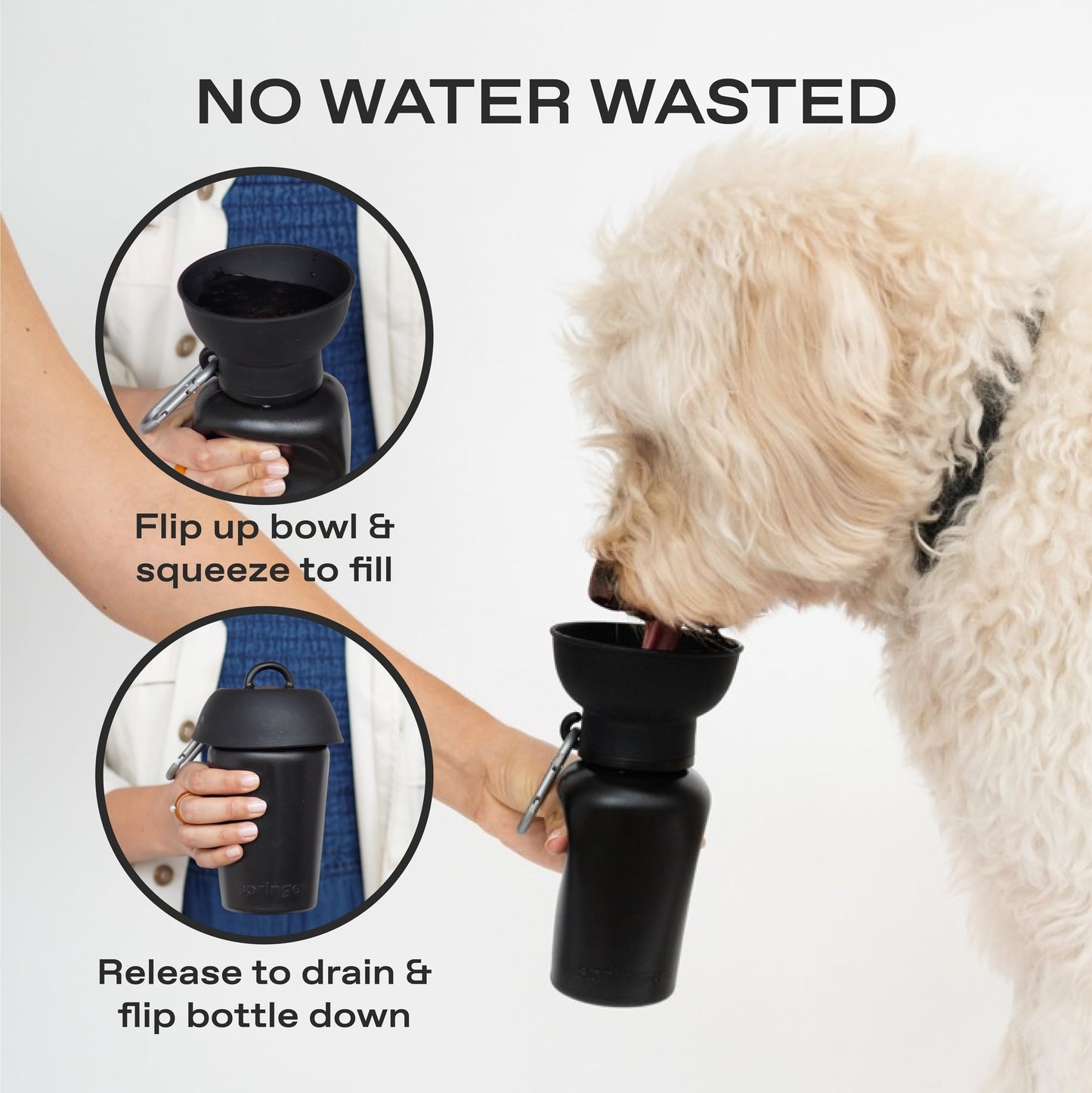 Springer Flip Portable Dog Water Bottle with Foldable Food Grade Silicone Bowl - 568ml Travel Dog Water Bottle Ideal for Camping - Easy Squeeze Hydration & Release to Drain