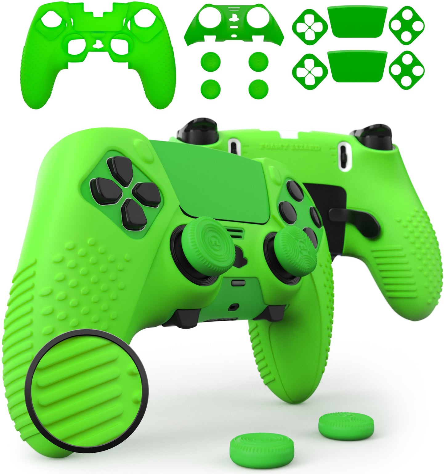 Foamy Lizard Eclipse PS5 Edge Controller Skin Combo Set | Dock Compatible, Protector Decals, Anti-Slip Soft Gel Silicone Cover, Faceplate Shell & Thumb Grips for PlayStation 5 DualSense Edge (Green)