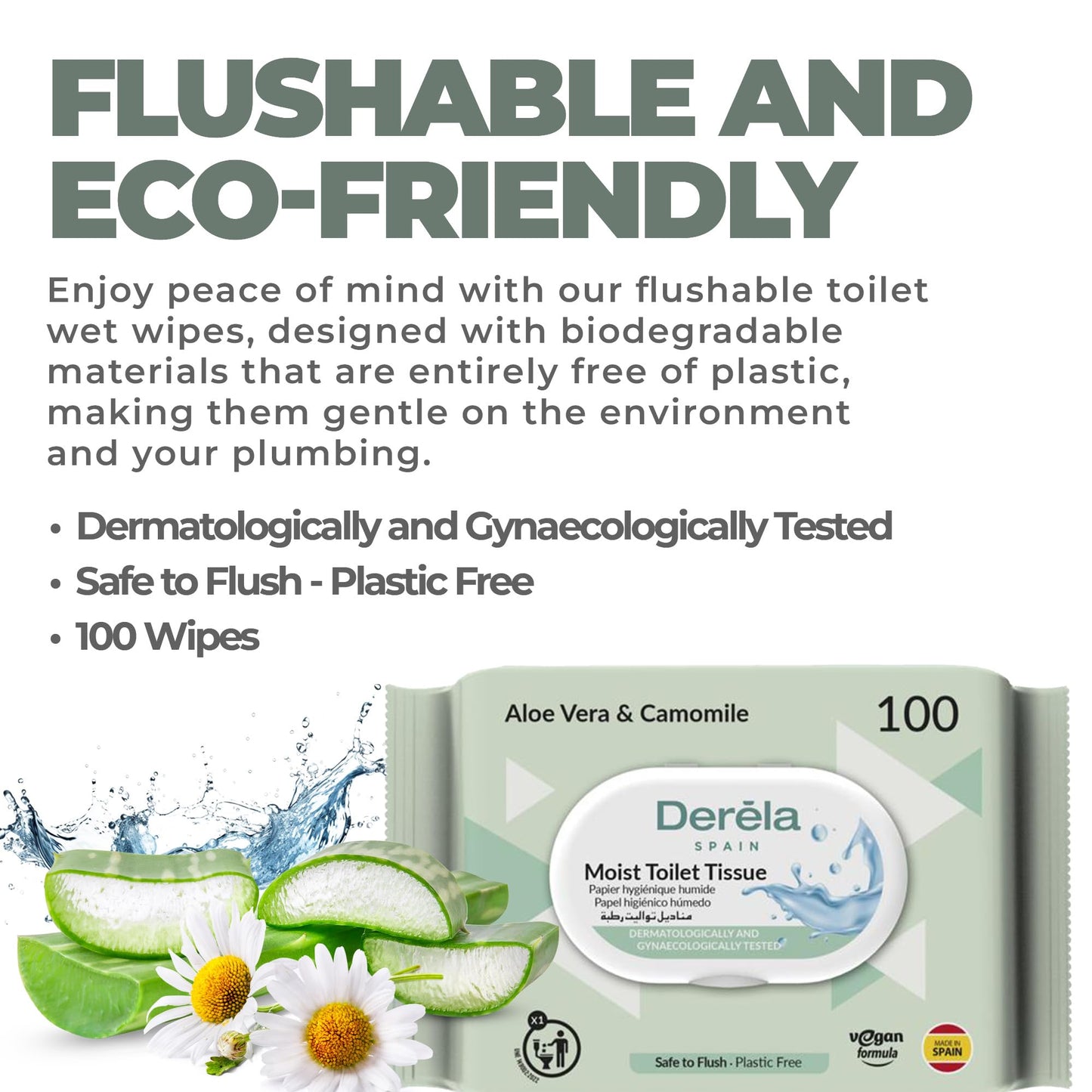 Derela WC Flushable Toilet Paper Wet Wipes - Dermatologically Tested / PH Neutral for The Skin (400 Wipes / 4 Packs)