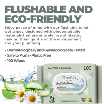 Derela WC Flushable Toilet Paper Wet Wipes - Dermatologically Tested / PH Neutral for The Skin (400 Wipes / 4 Packs)