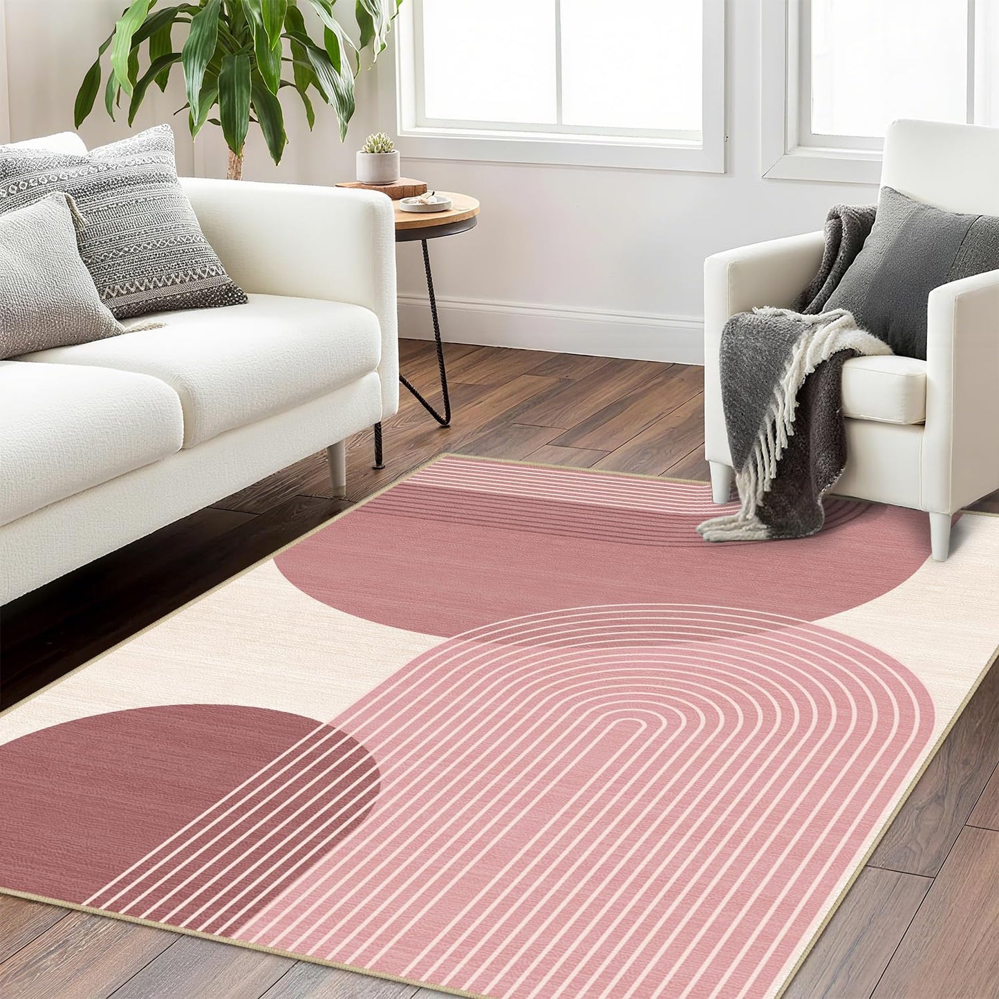 Boho Large Area Rug 4x6 for Living Room Bohemian Rugs Machine Washable Modern Geometric Rug Non Slip Printed Low Pile Indoor Floor Carpet for Dining Room Bedroom Office,Pink