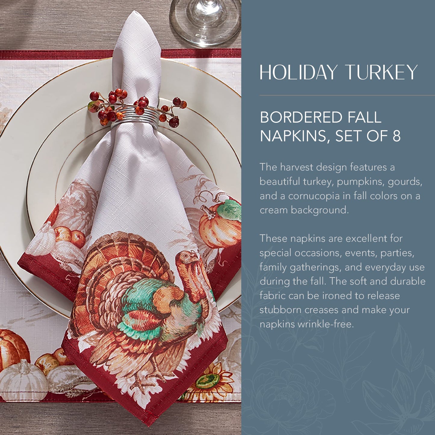 Elrene Home Fashions Holiday Turkey Bordered Fall Napkins, Seasonal Fall Cloth Napkins, 17" x 17", Set of 8