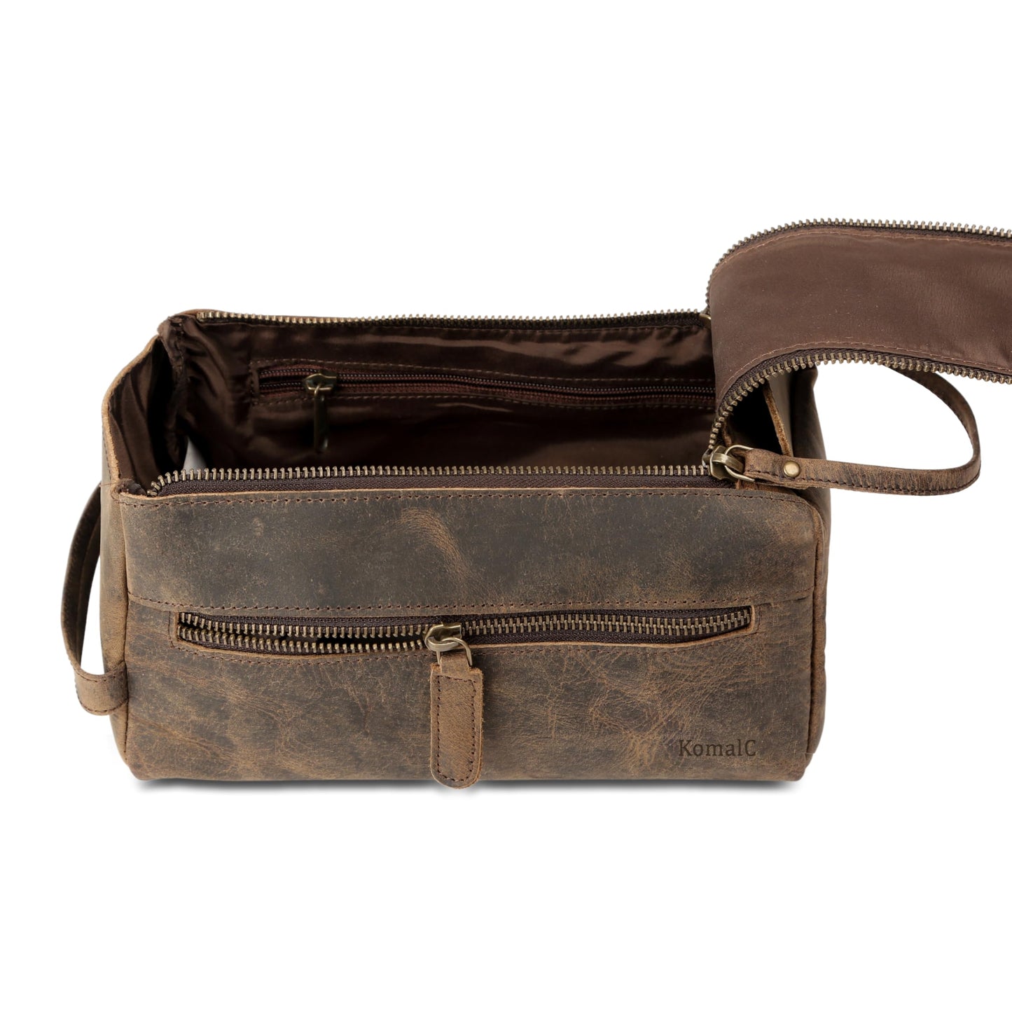 KomalC Premium Buffalo Leather Unisex Toiletry Bag Travel Dopp Kit (Distressed Tan)